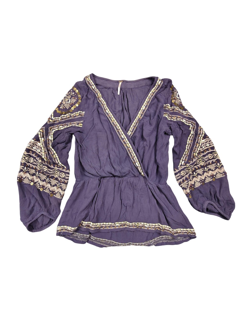 Free People Blouse Womens Small Purple Tunic V-Neck Embroidered Sequin